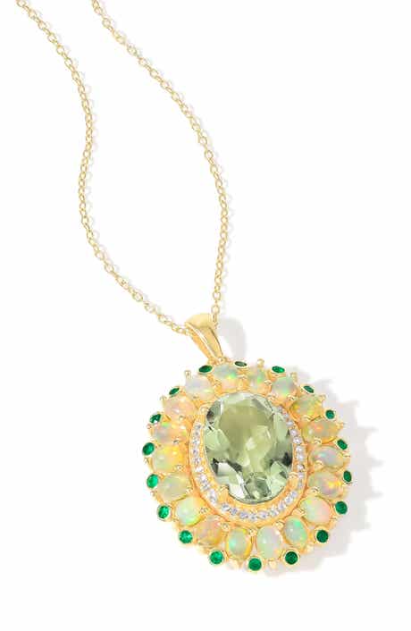 Green Quartz & Semiprecious Stone Halo Pendant Necklace
