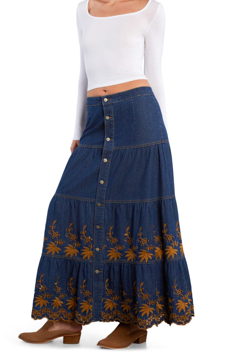 Tiered Eyelet Denim Midi Skirt, Alternate, color, BOHO DENIM