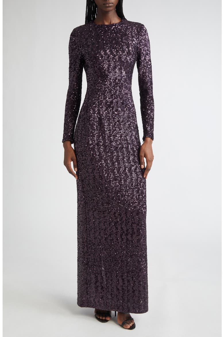 Sequin Long Sleeve Sheath Gown, Main, color, AUBERGINE
