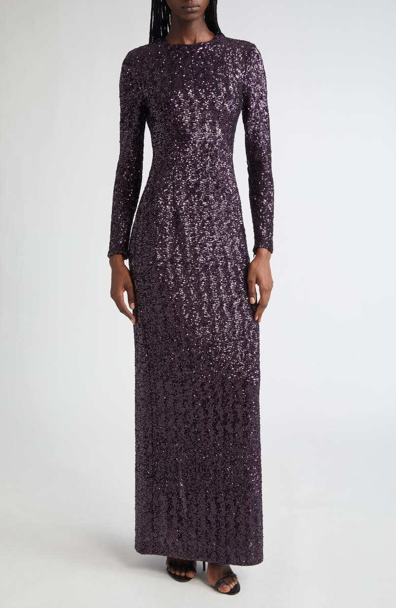 Michael Kors Collection Sequin Long Sleeve Sheath Gown, Main, color, Aubergine