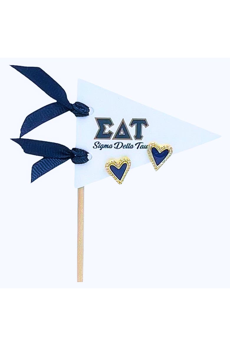 Sigma Delta Tau Heart Stud Enamel Earrings on Sorority Pennant Flag, Main, color, Yellow Gold