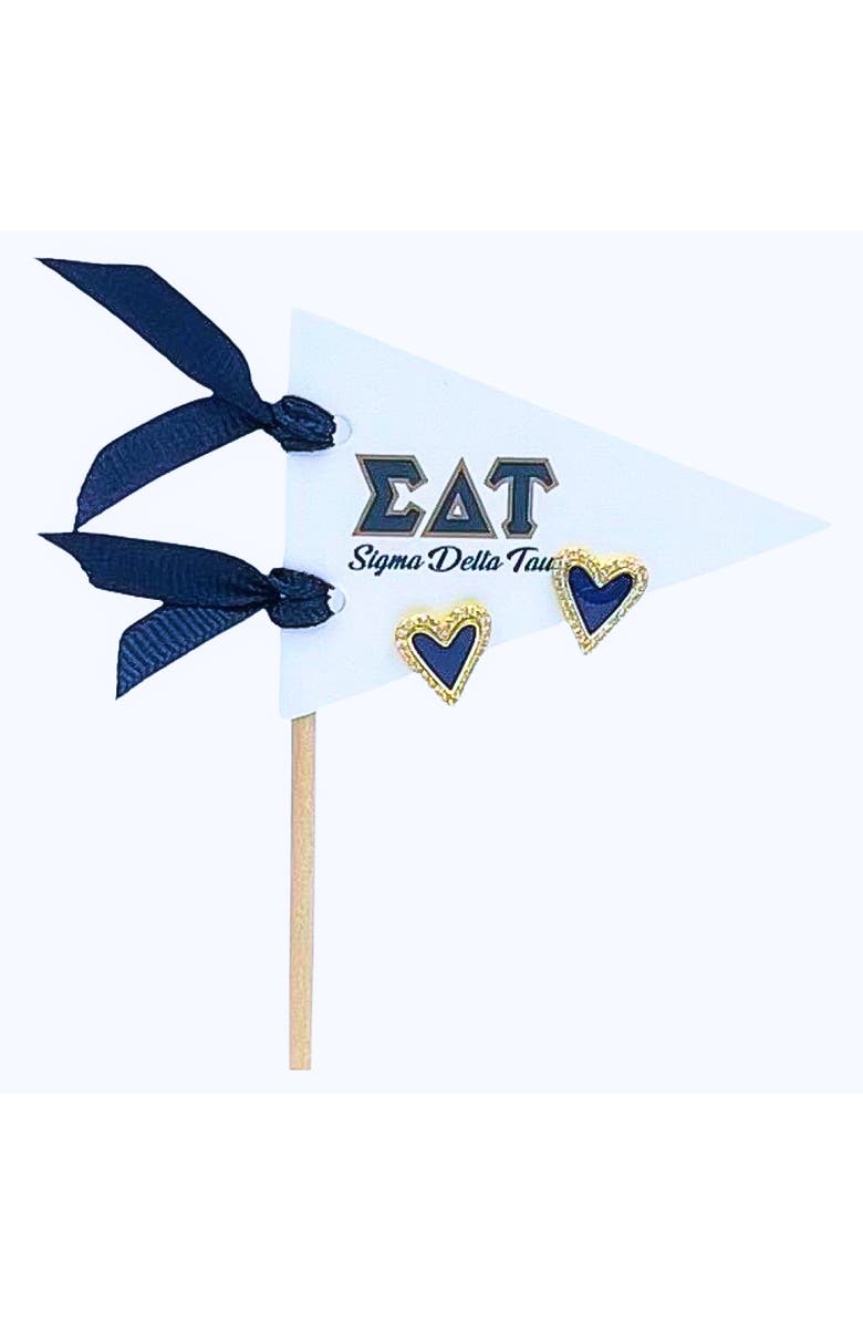 Color Shout Sigma Delta Tau Heart Stud Enamel Earrings on Sorority Pennant Flag, Main, color, Yellow Gold