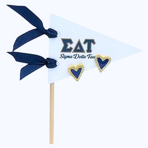 Sigma Delta Tau Heart Stud Enamel Earrings on Sorority Pennant Flag