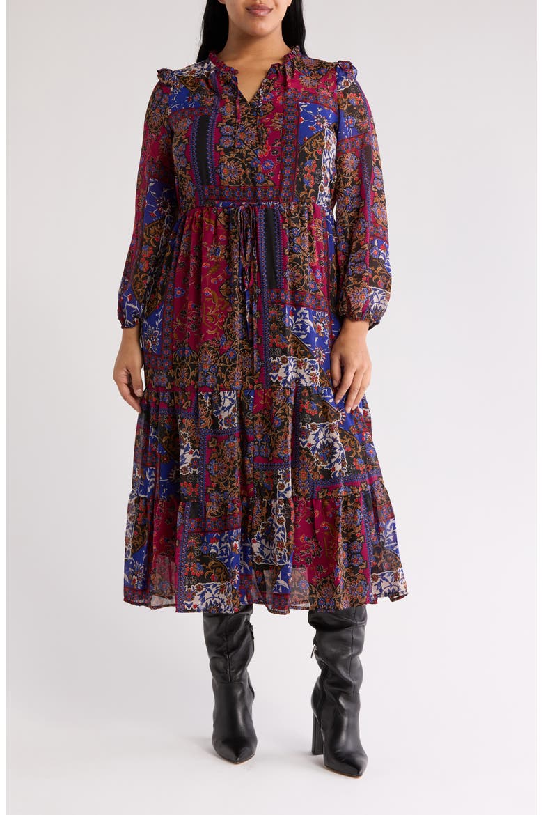 Long Sleeve Ruffle Dress, Main, color, BLACK MULTI