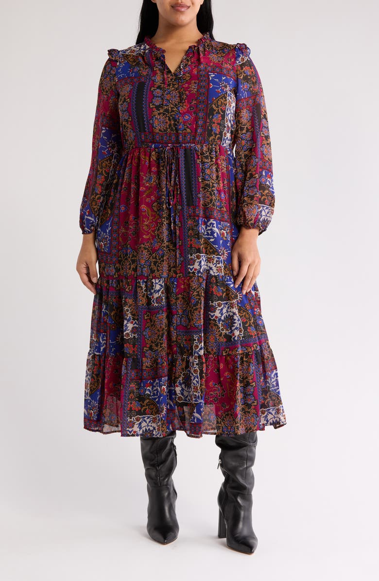 Julia Jordan Long Sleeve Ruffle Dress, Main, color, Black Multi