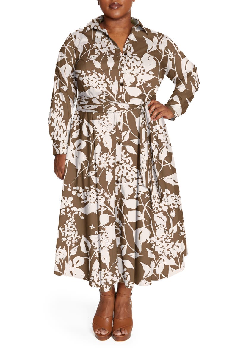 Floral Long Sleeve Poplin Shirtdress, Main, color, BROWN/ CREAM