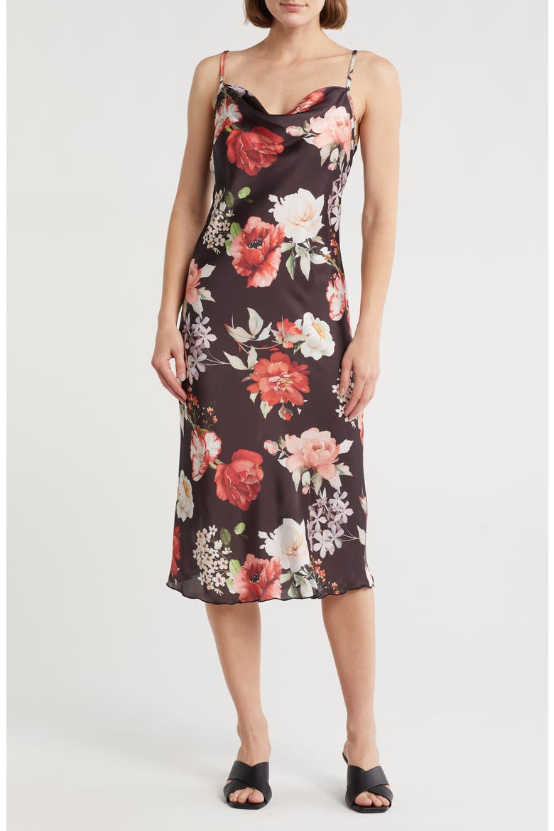 Printed Satin Bias Midi Dress, Main, color, BLACK/ FLORAL