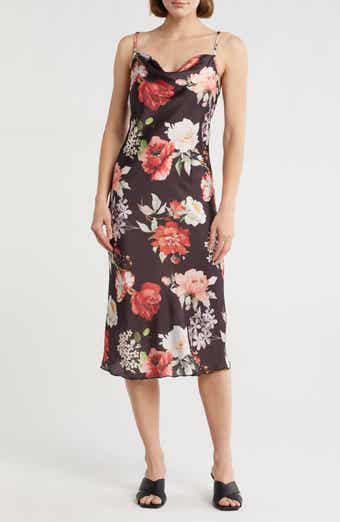 bebe Printed Satin Bias Midi Dress
