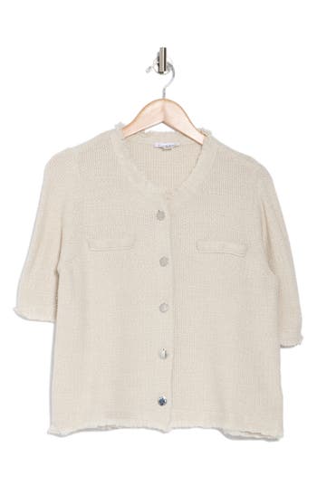 Calvin Klein Short Sleeve Button Front Sweater In Beach Pebble/cream