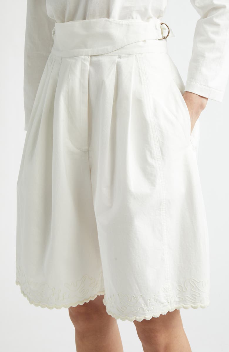 Bode Closerie Embroidered Pleated Cotton Shorts, Alternate, color, Ecru