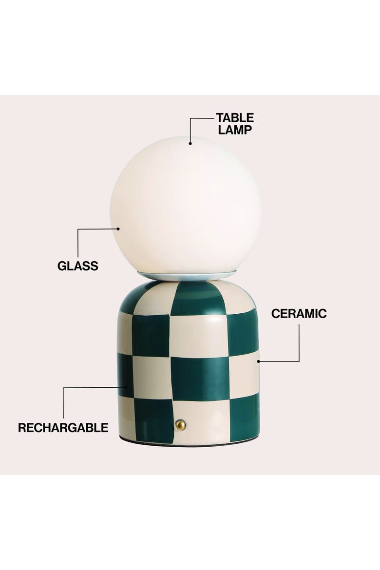 Zira Modern Checkerboard Ceramic Rechargeable Cordless Integrated Portable Dimmable with Frosted Globe Shade LED Table Lamp, Alternate, color, Dark Green/Cream