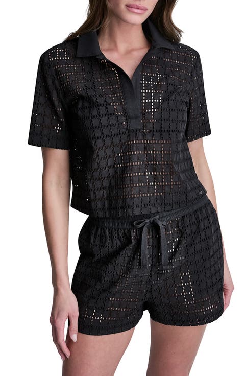 Short Sleeve Eyelet Johnny Collar Top