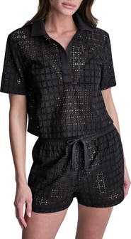 DKNY Short Sleeve Eyelet Johnny Collar Top
