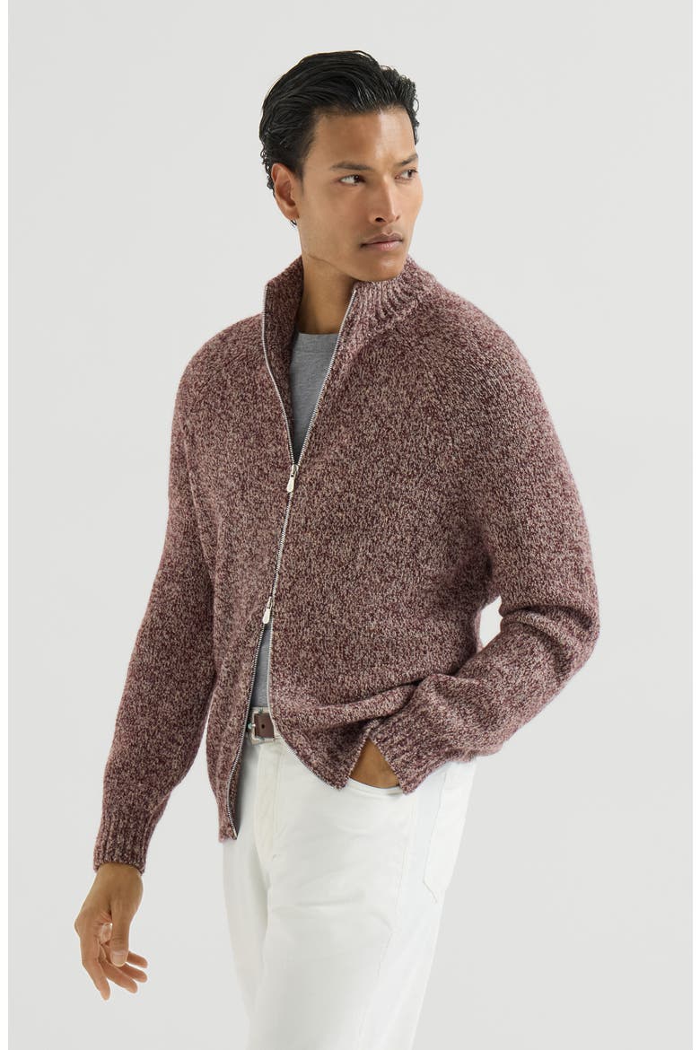 Virgin wool, silk and cashmere chiné cardigan with zipper, Main, color, Burgundy
