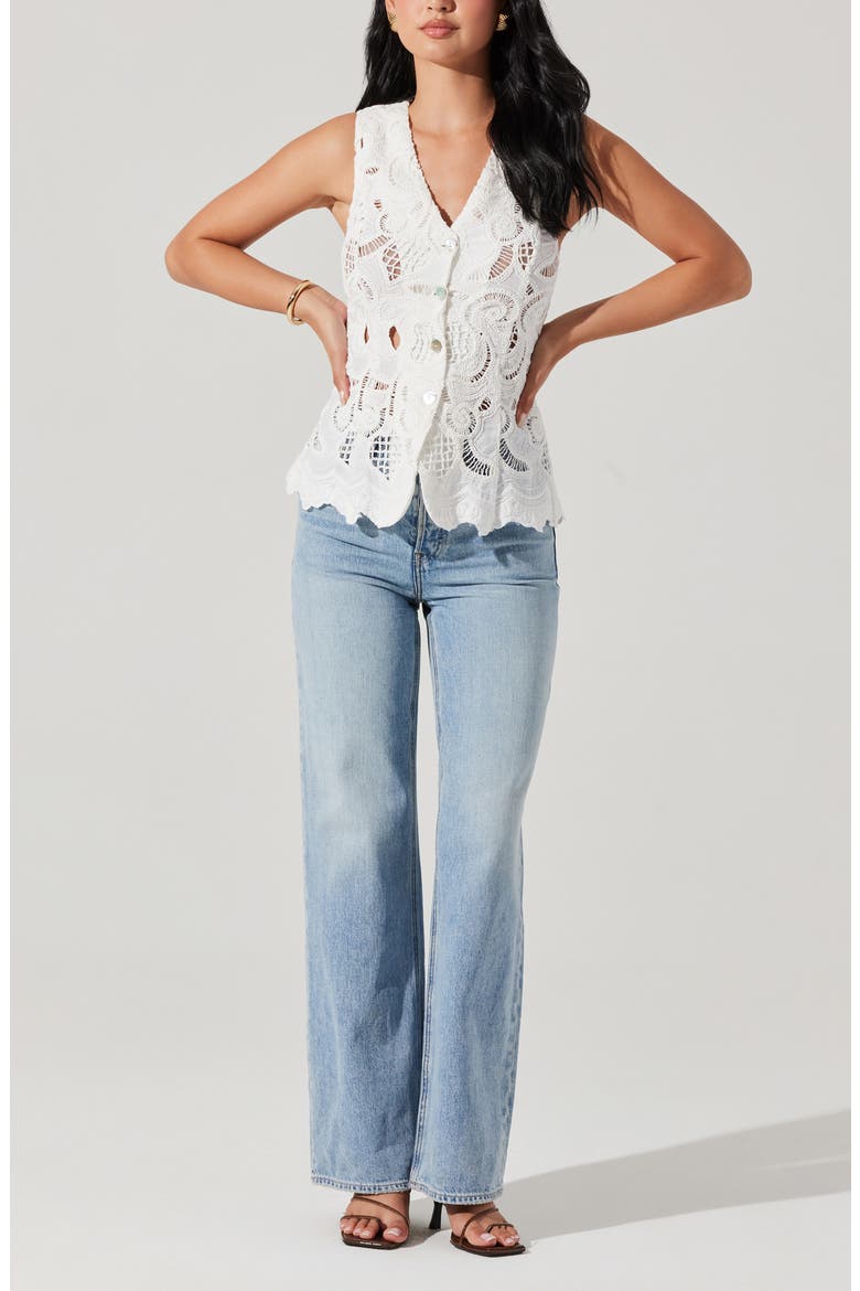 Meira Lace Inset Cotton Button-Up Vest, Alternate, color, WHITE