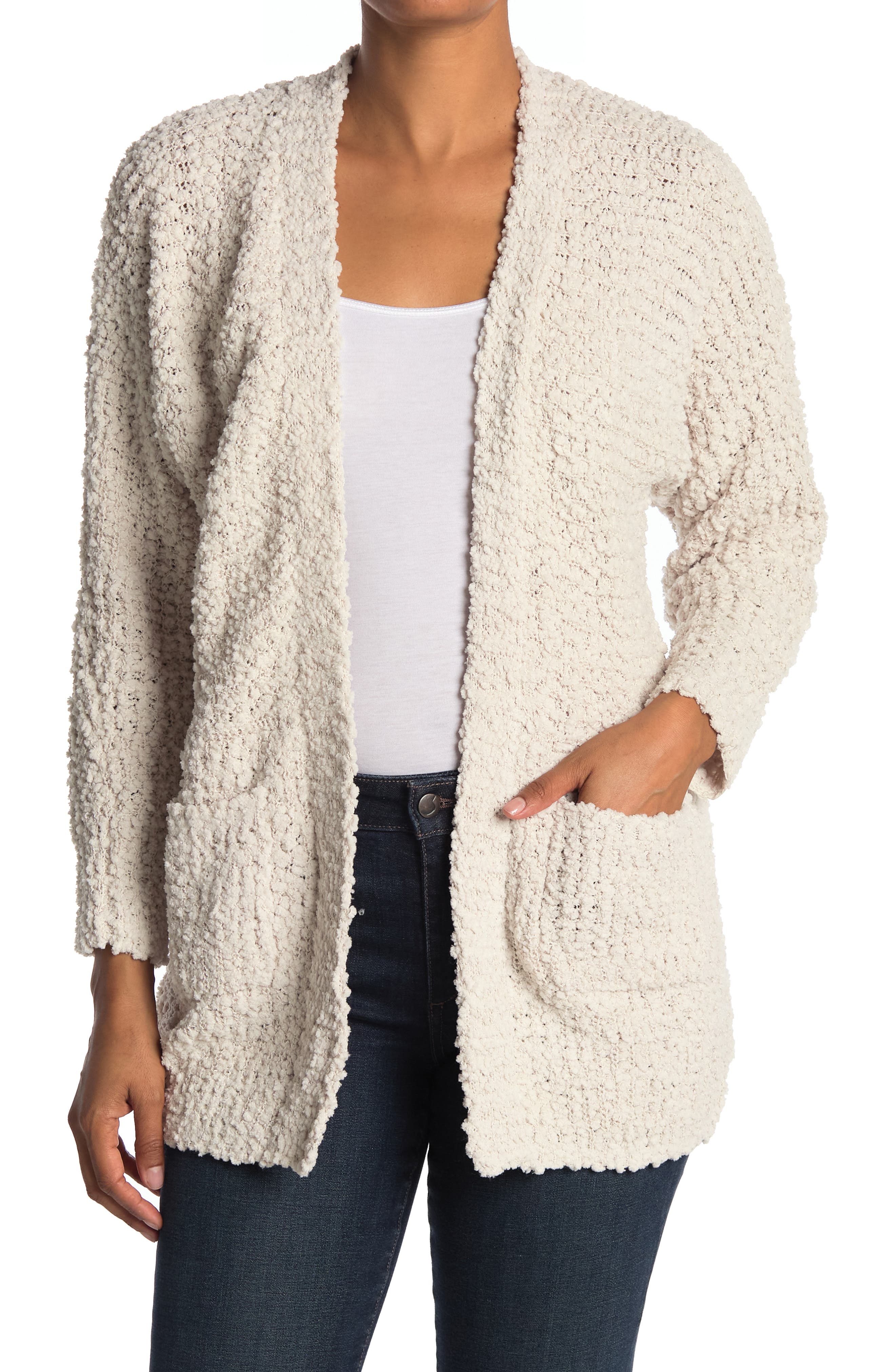 Bobeau Open Front Patch Pocket Popcorn Cardigan
