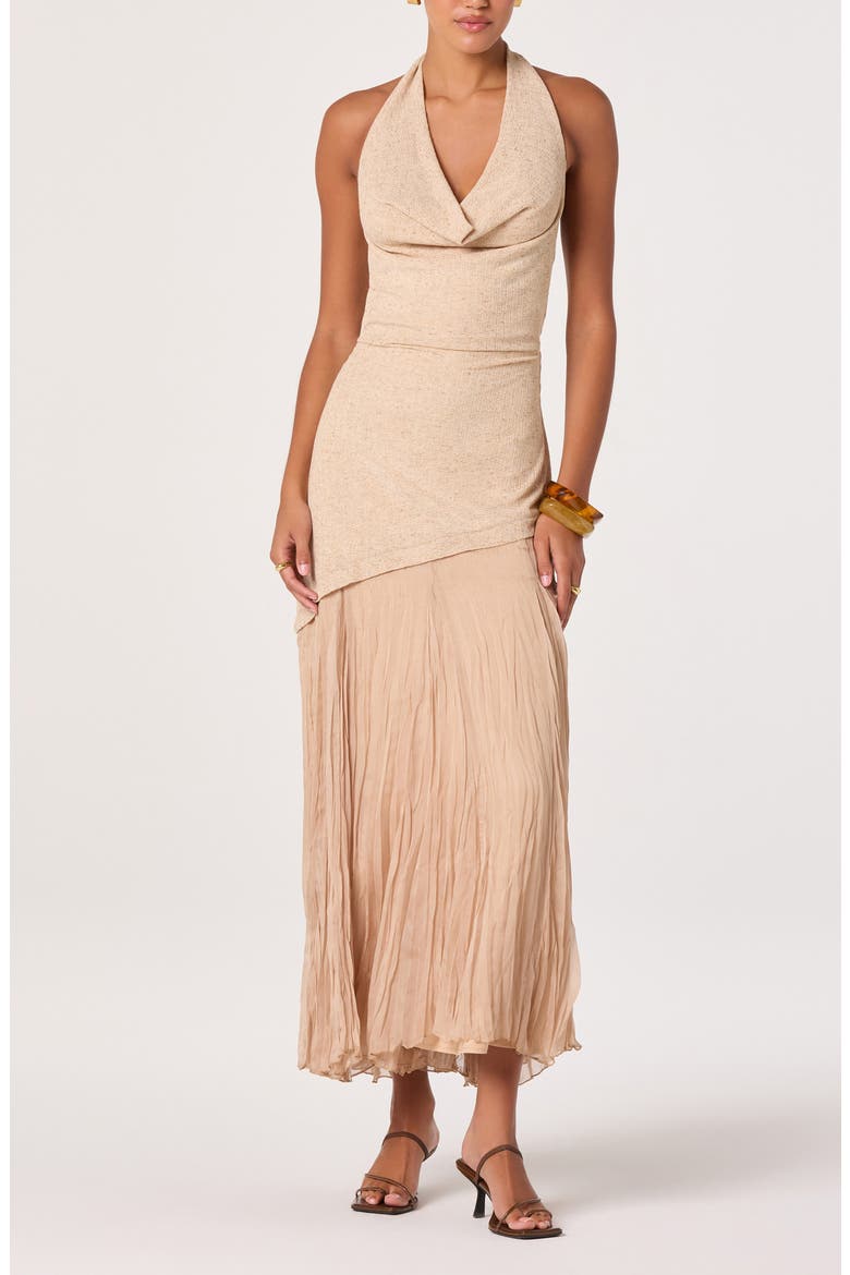 Inez Cowl Halter Neck Mixed Media Maxi Dress, Main, color, NATURAL