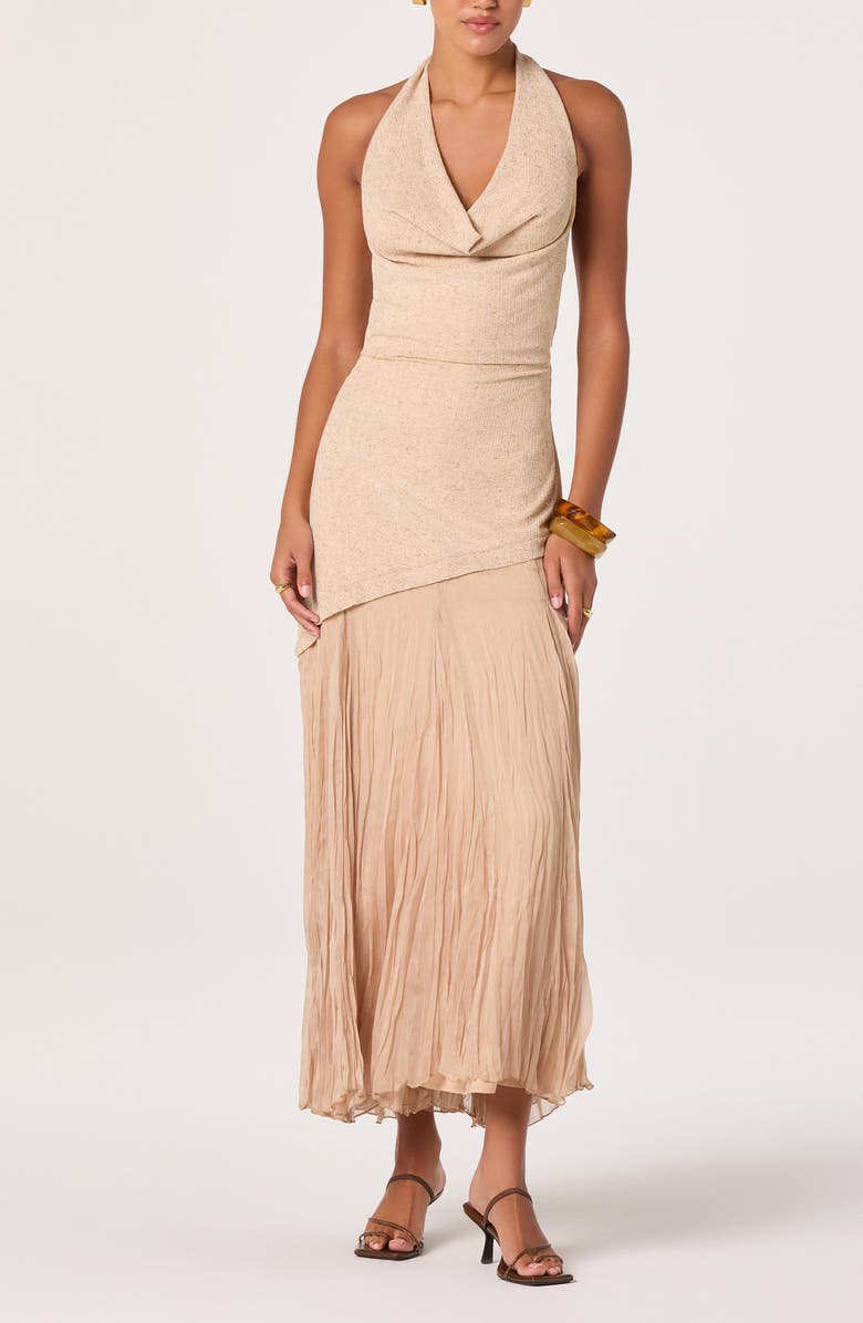 ASTR the Label Inez Cowl Halter Neck Mixed Media Maxi Dress, Main, color, Natural