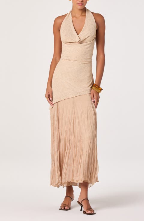 Inez Cowl Halter Neck Mixed Media Maxi Dress
