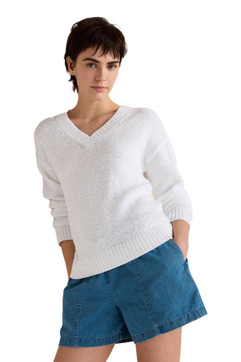 Cotton Blend Tape Yarn V-Neck Sweater, Main, color, White