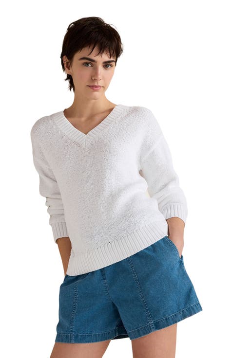 Cotton Blend Tape Yarn V-Neck Sweater