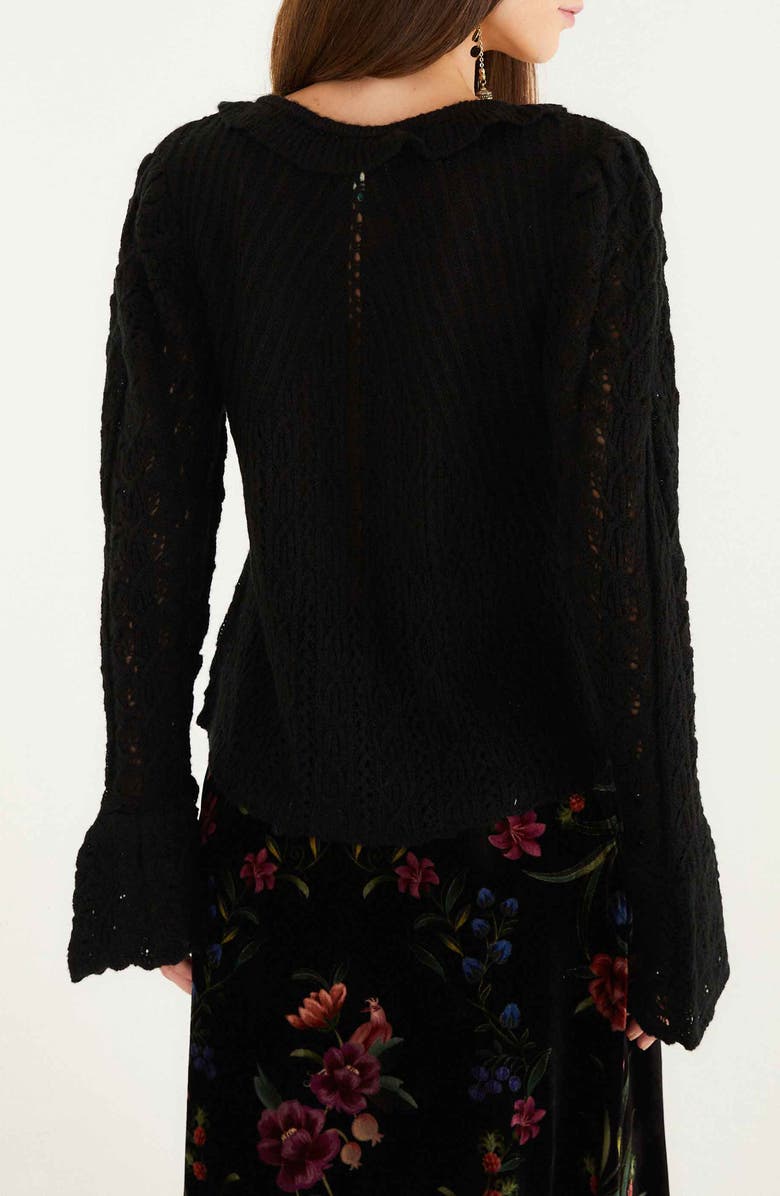 FARM Rio Pointelle Stitch Bell Sleeve Cardigan, Alternate, color, Black