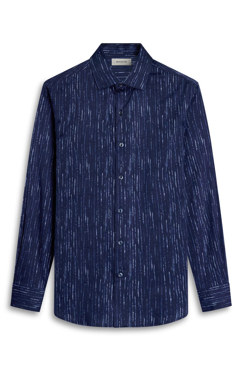 Bugatchi Axel Shaped Fit Chalk Stripe Stretch Cotton Button-Up Shirt, Alternate, color, Navy