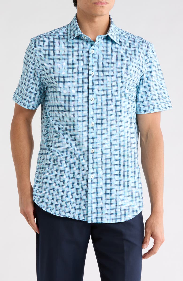 Bugatchi Short Sleeve Stretch Cotton Button-Up Shirt, Main, color, Ice