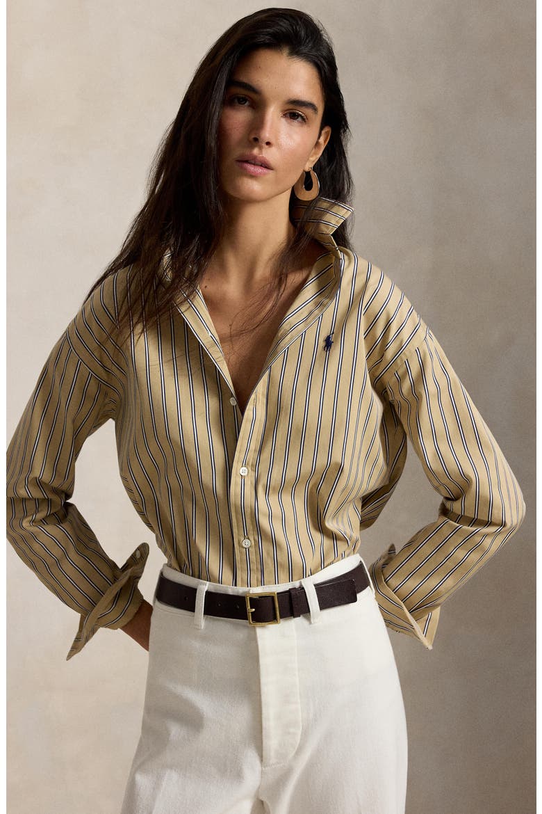 Relaxed Fit Stripe Button-Up Shirt, Alternate, color, TAN/ ROYAL MULTI