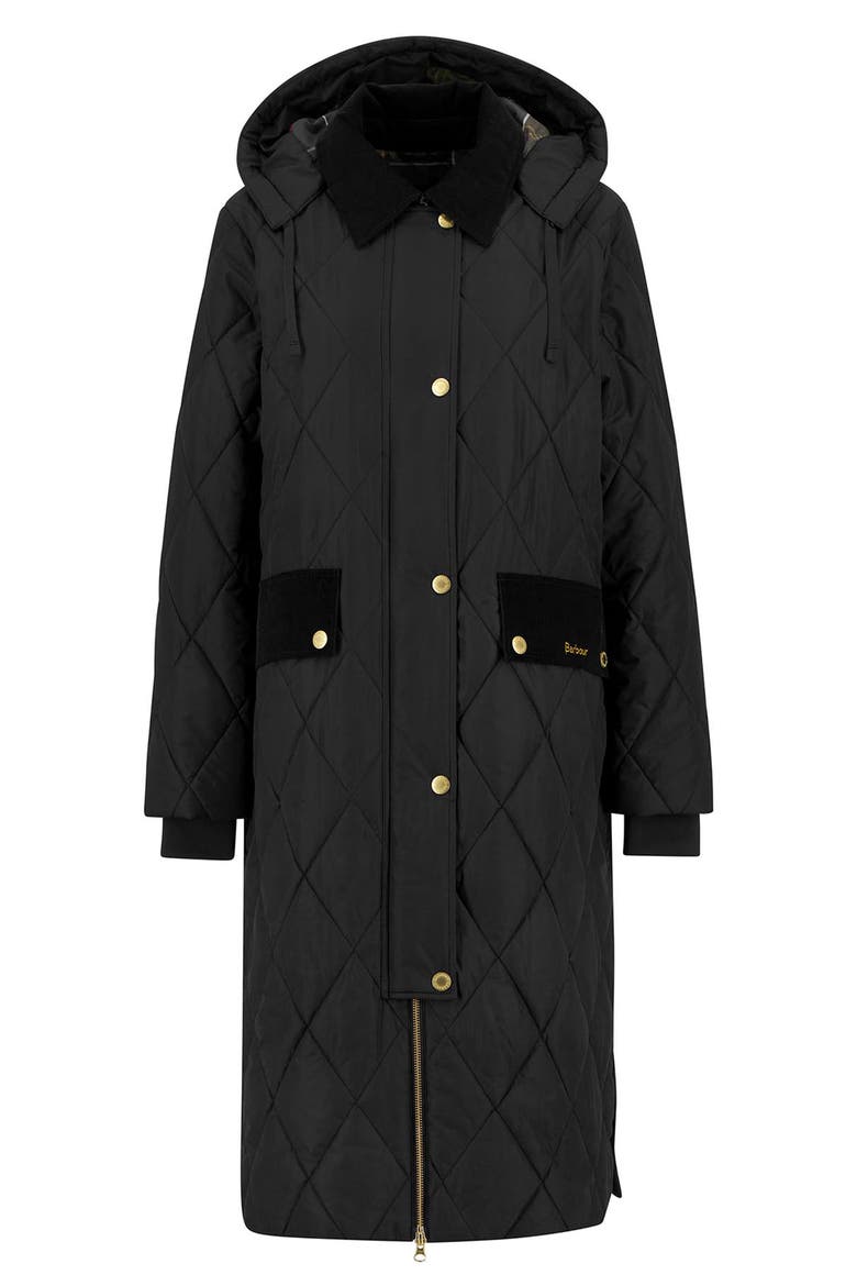 Meredith Quilted Hooded Long Coat, Alternate, color, BLACK/ CLASSIC TARTAN