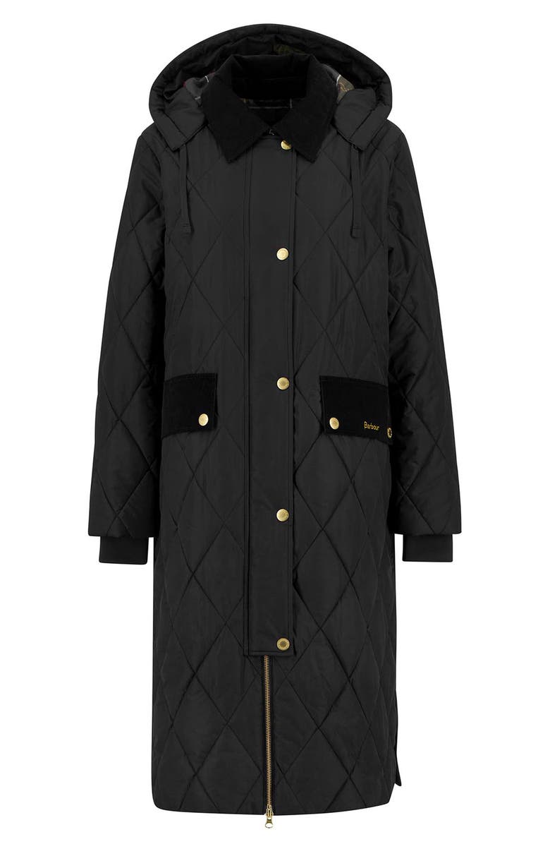Barbour Meredith Quilted Hooded Long Coat, Alternate, color, Black/ Classic Tartan
