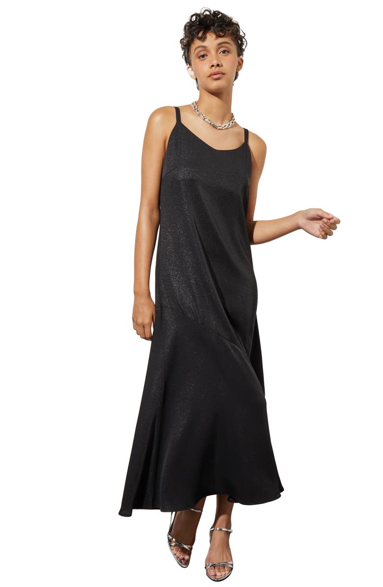 Ming Wang Shimmer Woven Midi Dress, Alternate, color, Black/ Silver