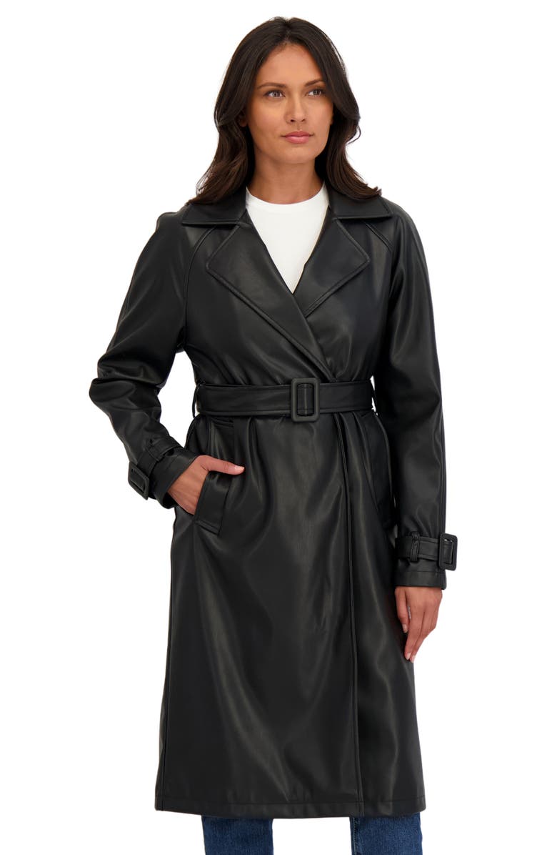 Sebby Faux Leather Trench Coat, Alternate, color, Black