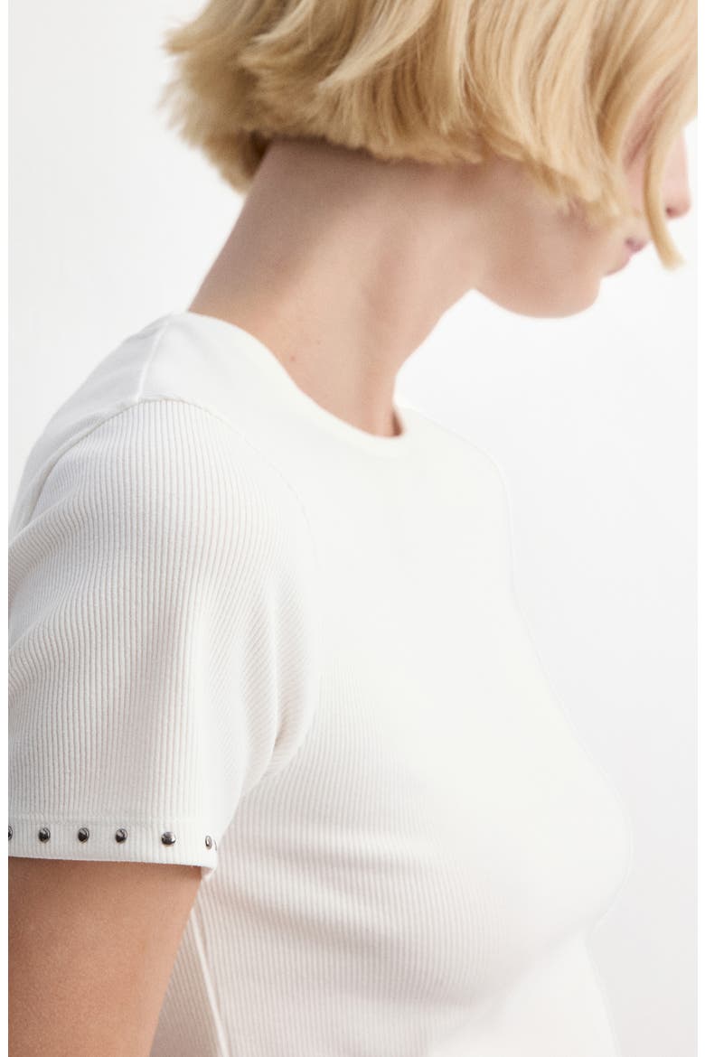 Studded Trim Stretch Cotton Blend Rib Crop T-Shirt, Alternate, color, WHITE