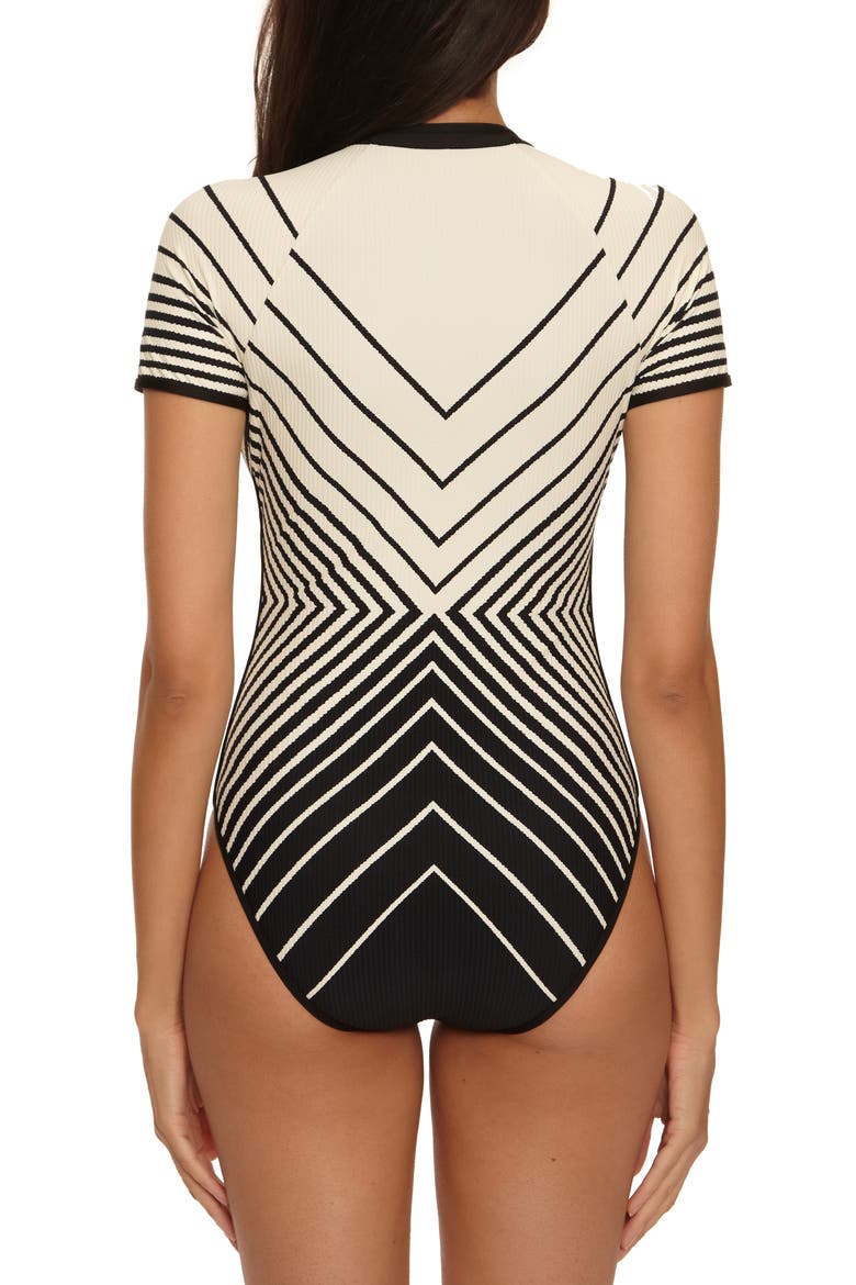 Net Stripe Short Sleeve Rib One-Piece Rashguard Swimsuit, Alternate, color, BLACK/VANILLA