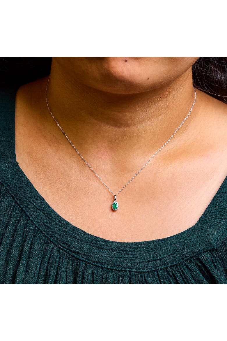10K White Gold 5x3mm Gemstone and Diamond Accent Halo Oval Shape 18" Pendant Necklace, Alternate, color, Green Emerald | White
