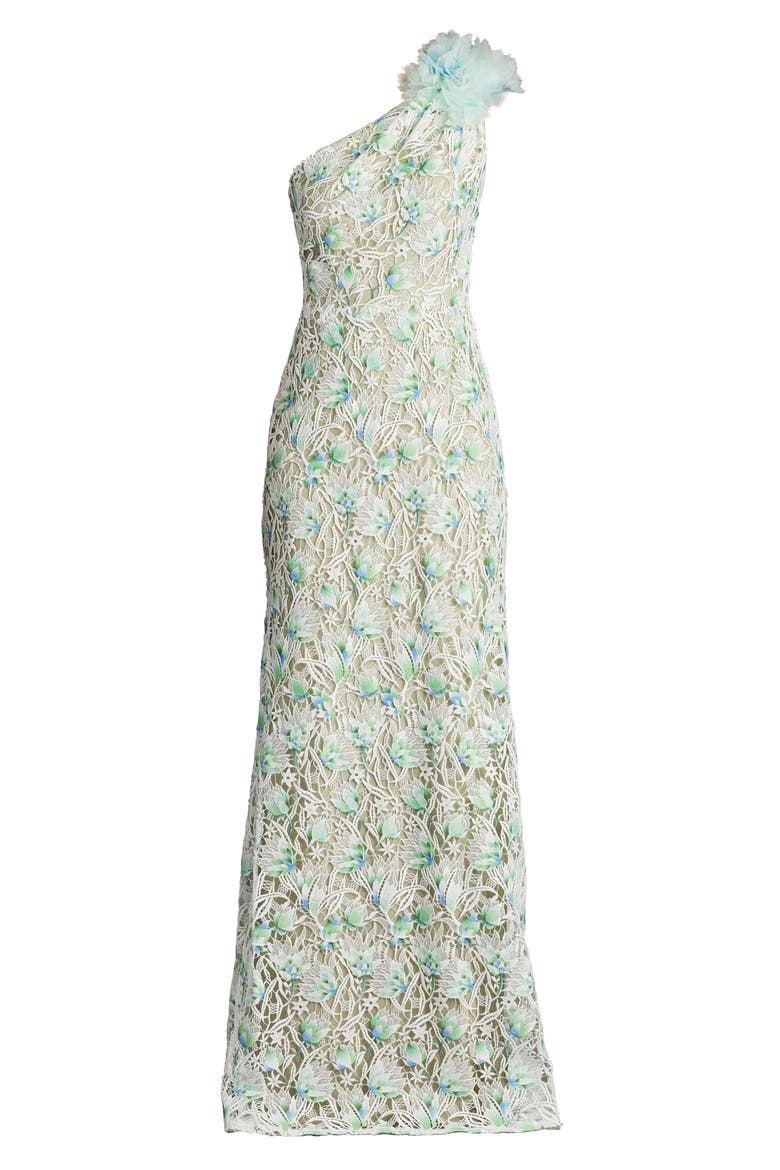 Embroidered Lace One-Shoulder Gown, Alternate, color, WHITE/ ALOE GREEN