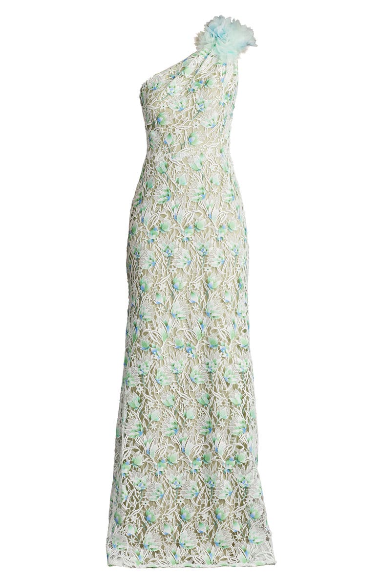 Tadashi Shoji Embroidered Lace One-Shoulder Gown, Alternate, color, White/ Aloe Green