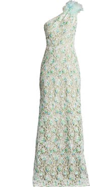 Tadashi Shoji Embroidered Lace One-Shoulder Gown