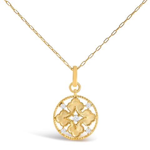 10K Yellow Gold 1/5 Cttw Diamond Openwork Medallion Pendant Necklace