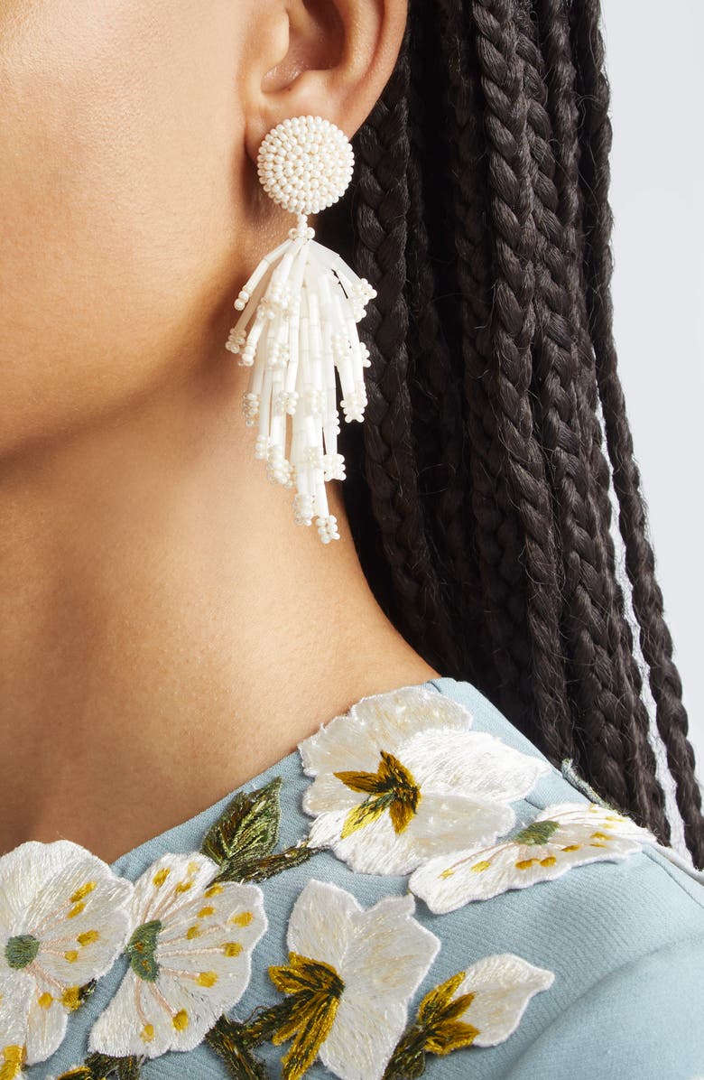 Oscar de la Renta Fringe Tassel Clip-On Drop Earrings, Alternate, color, Ivory