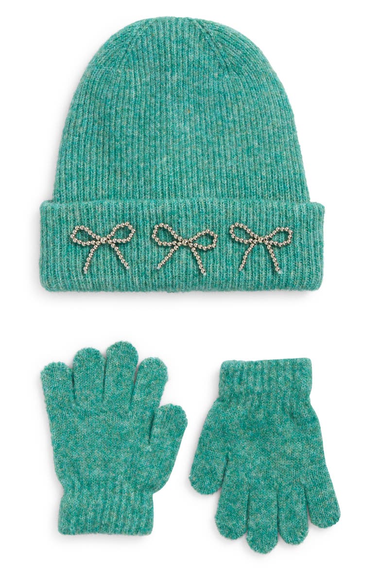 Three Bow Cuff Beanie & Knit Gloves Set, Main, color, TEAL