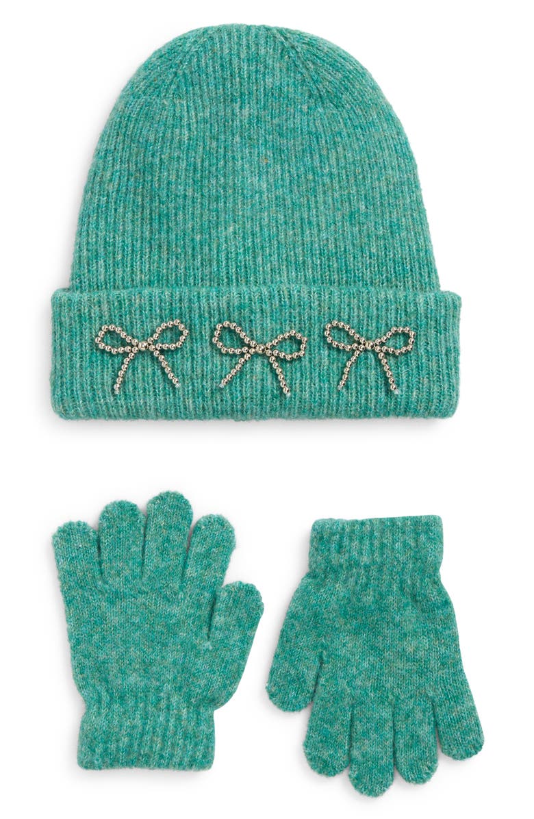 Ruby & Ry Three Bow Cuff Beanie & Knit Gloves Set, Main, color, Teal