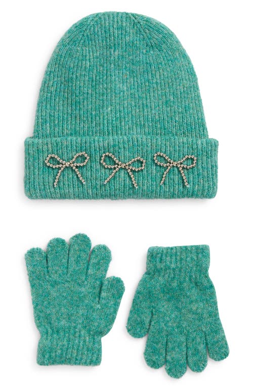 Ruby & Ry Three Bow Cuff Beanie & Knit Gloves Set in Teal 