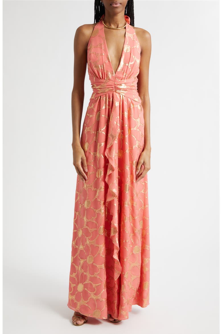 Stephanie Metallic Daisy Print Halter Gown, Main, color, CORAL JACQUARD