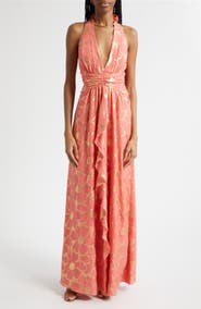 Ramy Brook Stephanie Metallic Daisy Print Halter Gown