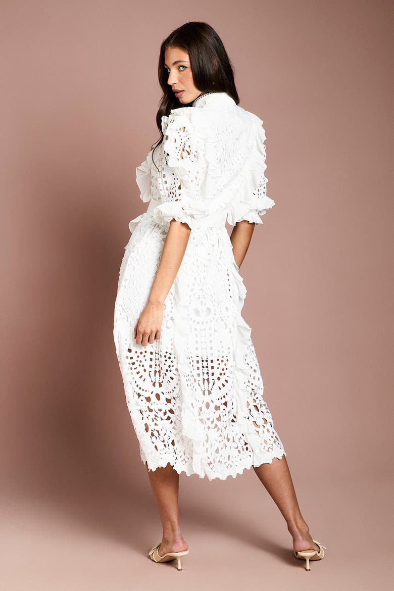 Lace Ruffle Belted Shirt Dress, Alternate, color, White