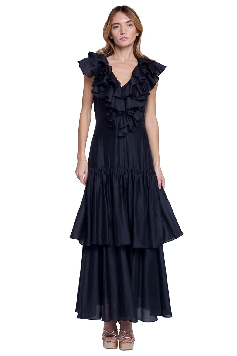 Stelanie Flutter Sleeve Tiered Cocktail Dress, Main, color, BLACK