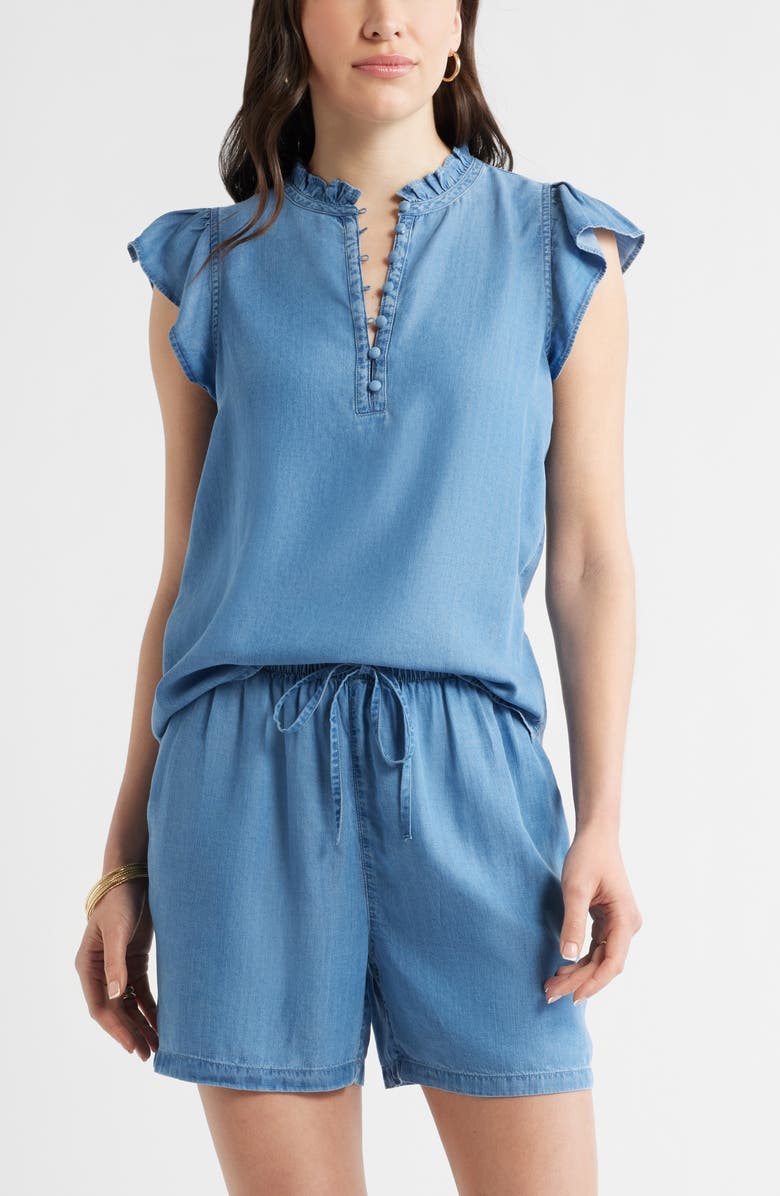 Caslon<sup>®</sup> Flutter Sleeve Popover Chambray Top, Main, color, Medium Wash