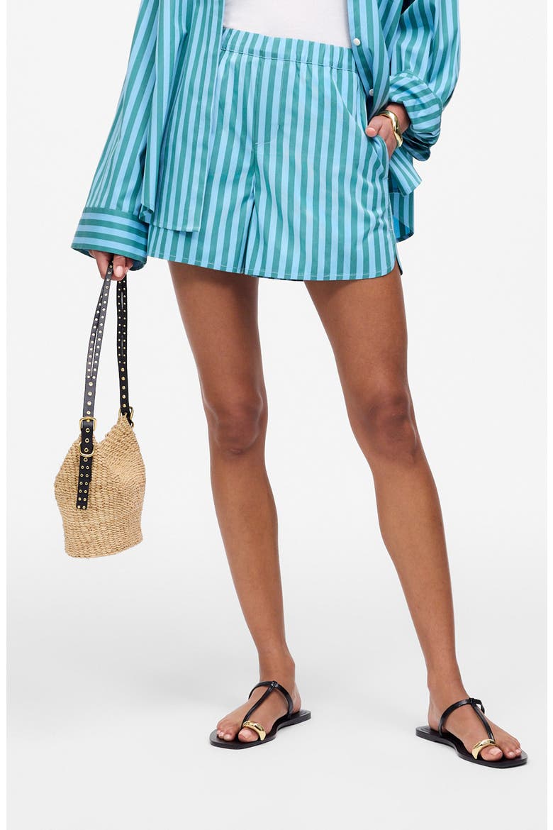 Curved Hem Poplin Pull-On Shorts, Main, color, BAYSIDE STRIPE COOL AQUA